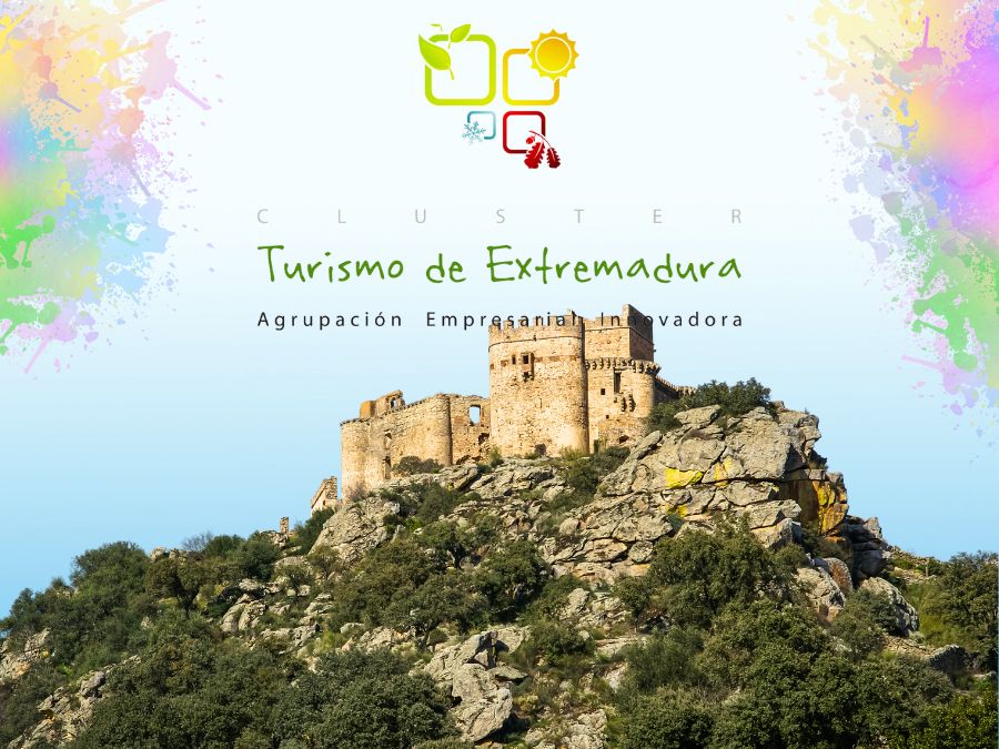 Imagen del logotipo del cluster del turismo de extremadura con castillo al fondo